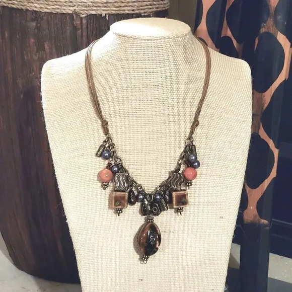 Handcrafted Edgy Earthy Antiqued Porcelain Brass Glass Bauble and Beads Necklace - Picture 3 of 3